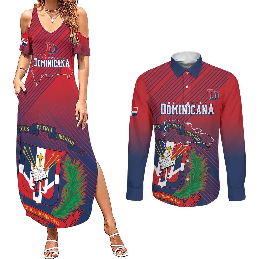 Dominican Republic 2026 Baseball Custom Couples Matching Summer Maxi Dress and Long Sleeve Button Shirt Coat Of Arms Gradient Style - Wonder Print Shop