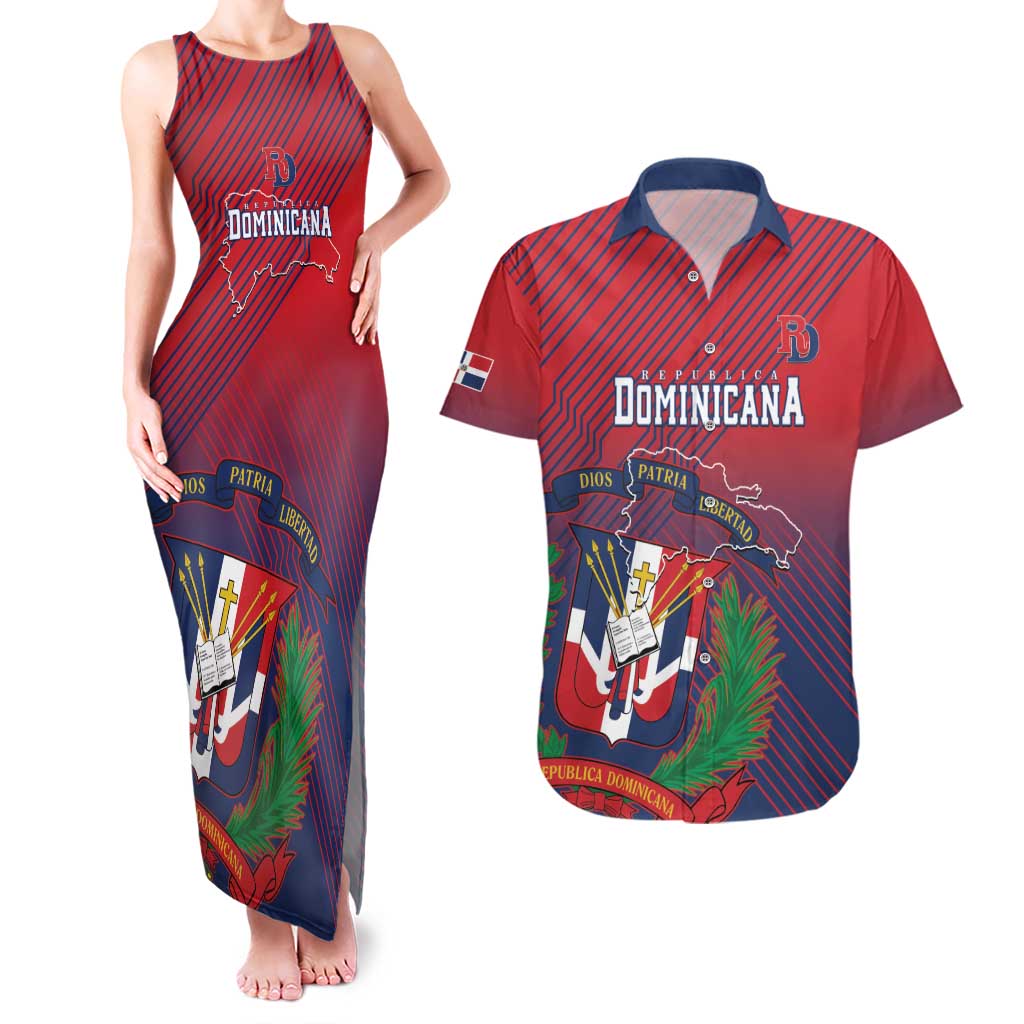 Dominican Republic 2026 Baseball Custom Couples Matching Tank Maxi Dress and Hawaiian Shirt Coat Of Arms Gradient Style - Wonder Print Shop