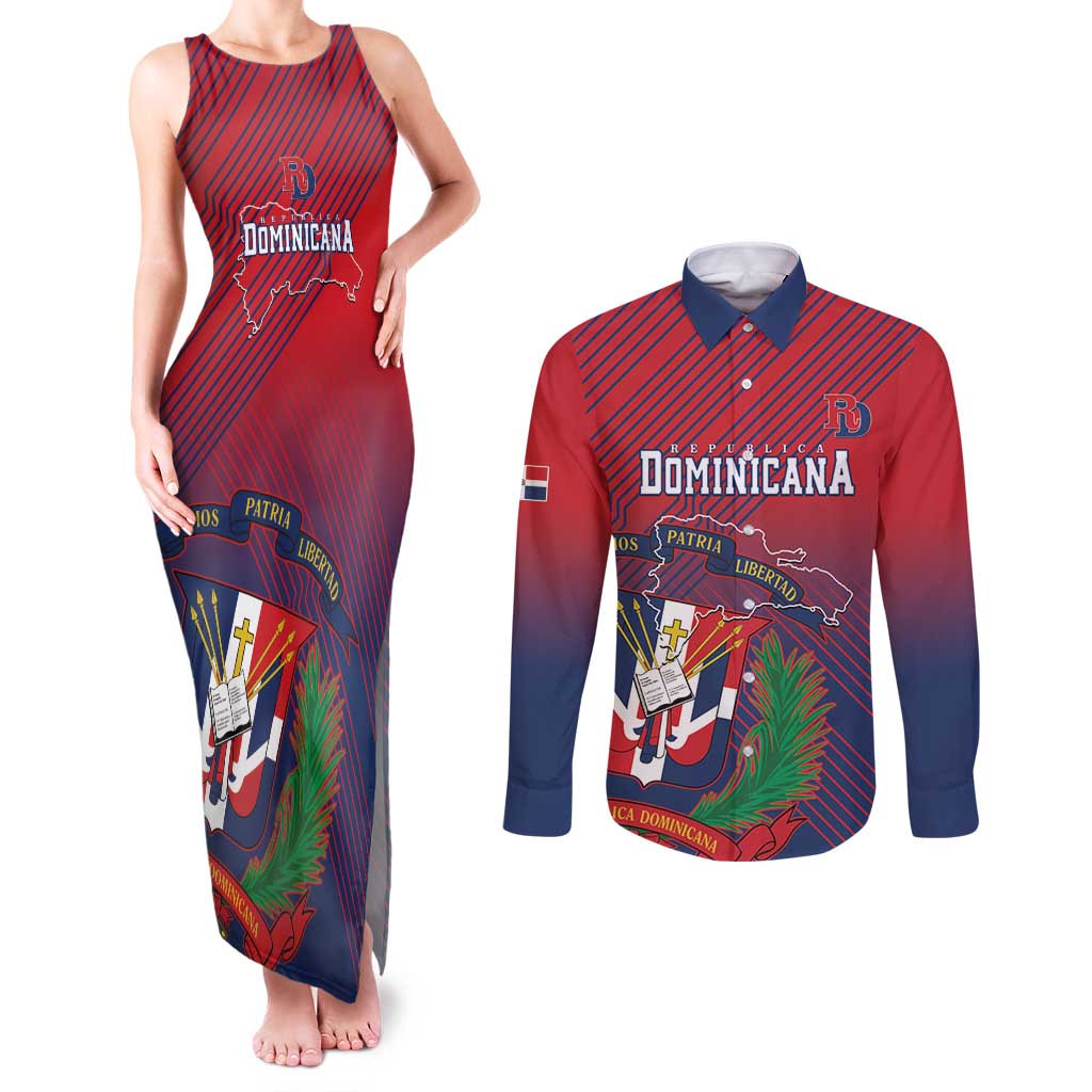 Dominican Republic 2026 Baseball Custom Couples Matching Tank Maxi Dress and Long Sleeve Button Shirt Coat Of Arms Gradient Style - Wonder Print Shop