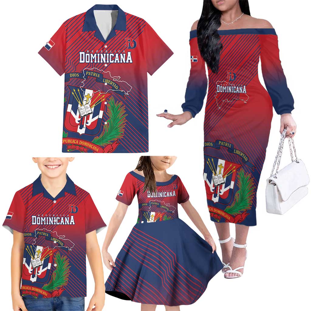 Dominican Republic 2026 Baseball Custom Family Matching Off The Shoulder Long Sleeve Dress and Hawaiian Shirt Coat Of Arms Gradient Style - Wonder Print Shop