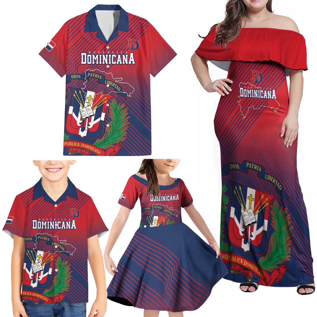 Dominican Republic 2026 Baseball Custom Family Matching Off Shoulder Maxi Dress and Hawaiian Shirt Coat Of Arms Gradient Style - Wonder Print Shop