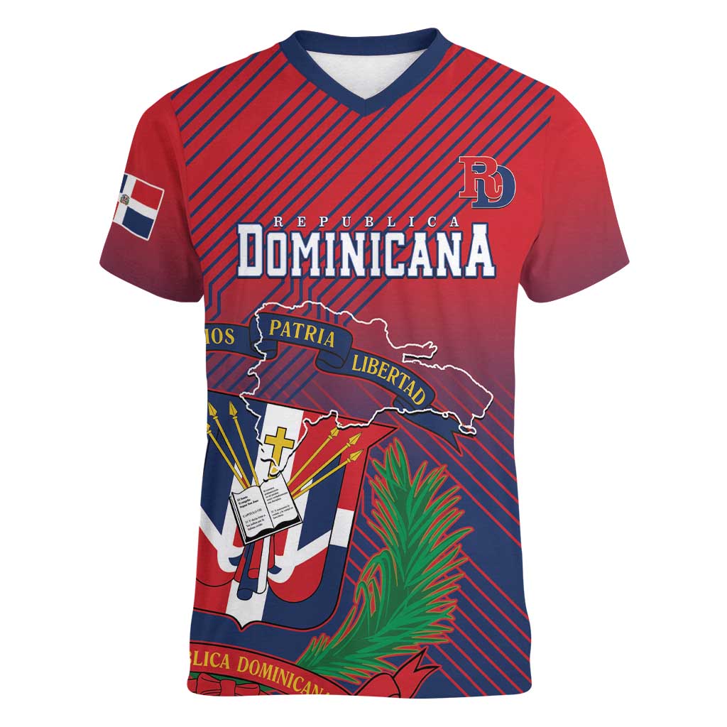 Dominican Republic 2026 Baseball Custom Women V-Neck T-Shirt Coat Of Arms Gradient Style - Wonder Print Shop