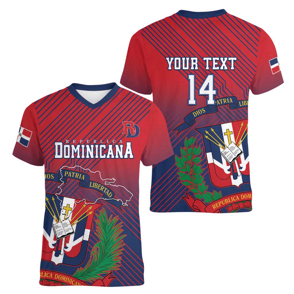 Dominican Republic 2026 Baseball Custom Women V-Neck T-Shirt Coat Of Arms Gradient Style - Wonder Print Shop