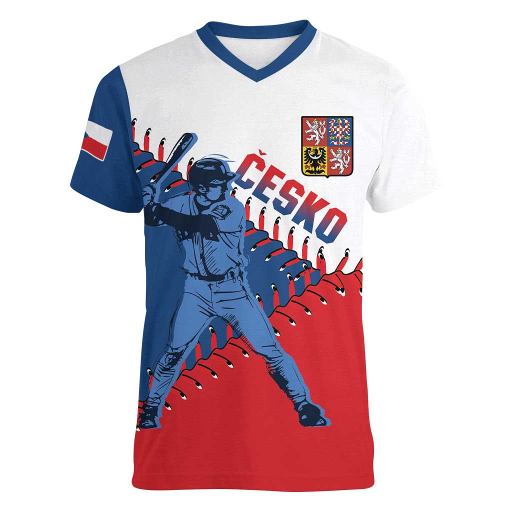Czech Republic 2026 Baseball Custom Women V-Neck T-Shirt Come On Cesko Flag Style - Wonder Print Shop