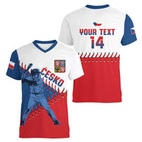 Czech Republic 2026 Baseball Custom Women V-Neck T-Shirt Come On Cesko Flag Style - Wonder Print Shop