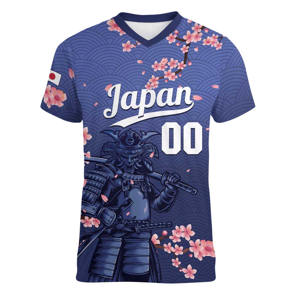 Japan 2026 Baseball Custom Women V-Neck T-Shirt Come On Samurai Sakura Pattern - Wonder Print Shop
