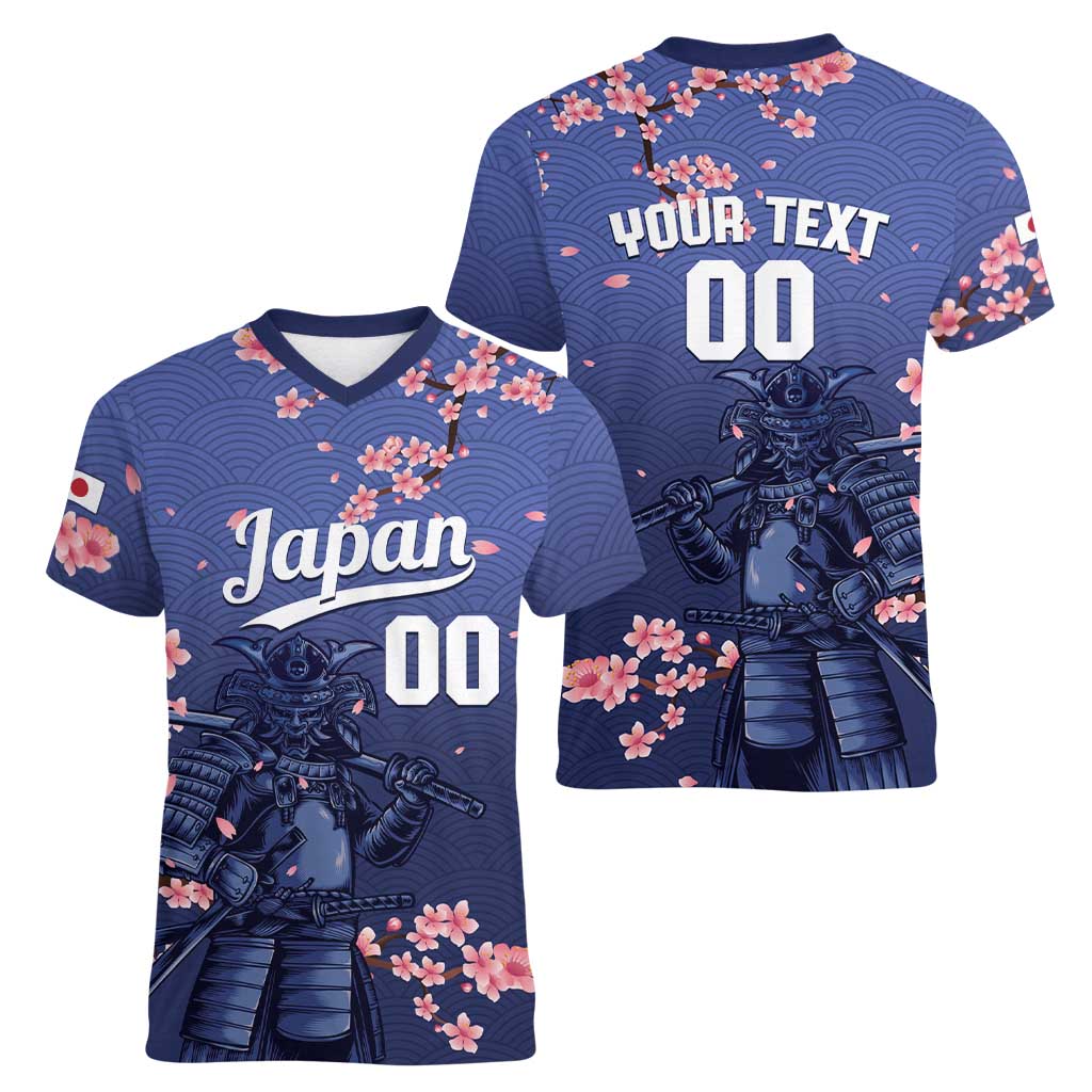 Japan 2026 Baseball Custom Women V-Neck T-Shirt Come On Samurai Sakura Pattern - Wonder Print Shop