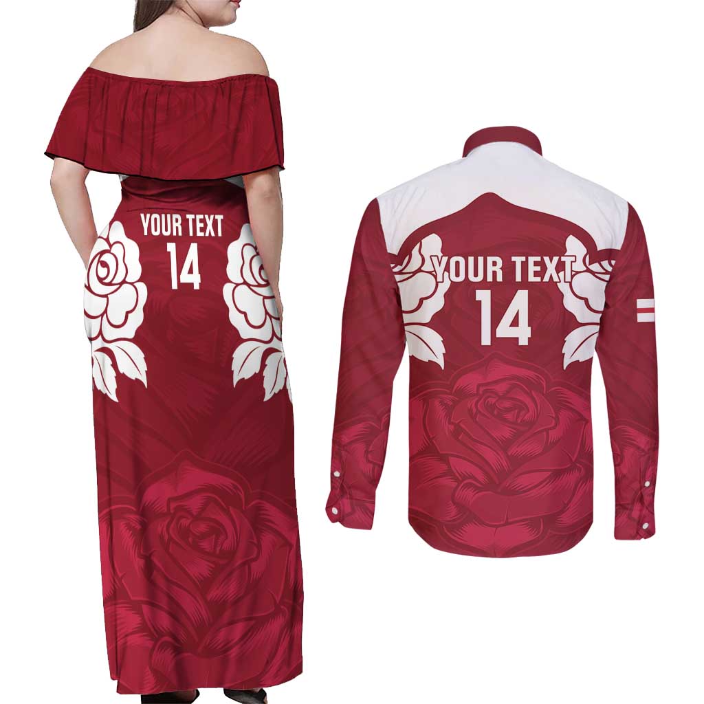 Custom England Rugby 2025 Couples Matching Off Shoulder Maxi Dress and Long Sleeve Button Shirt Go Champions Red Rose