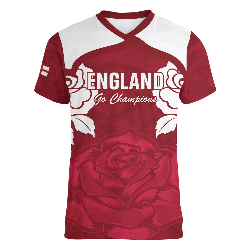 Custom England Rugby 2025 Women V-Neck T-Shirt Go Champions Red Rose - Wonder Print Shop