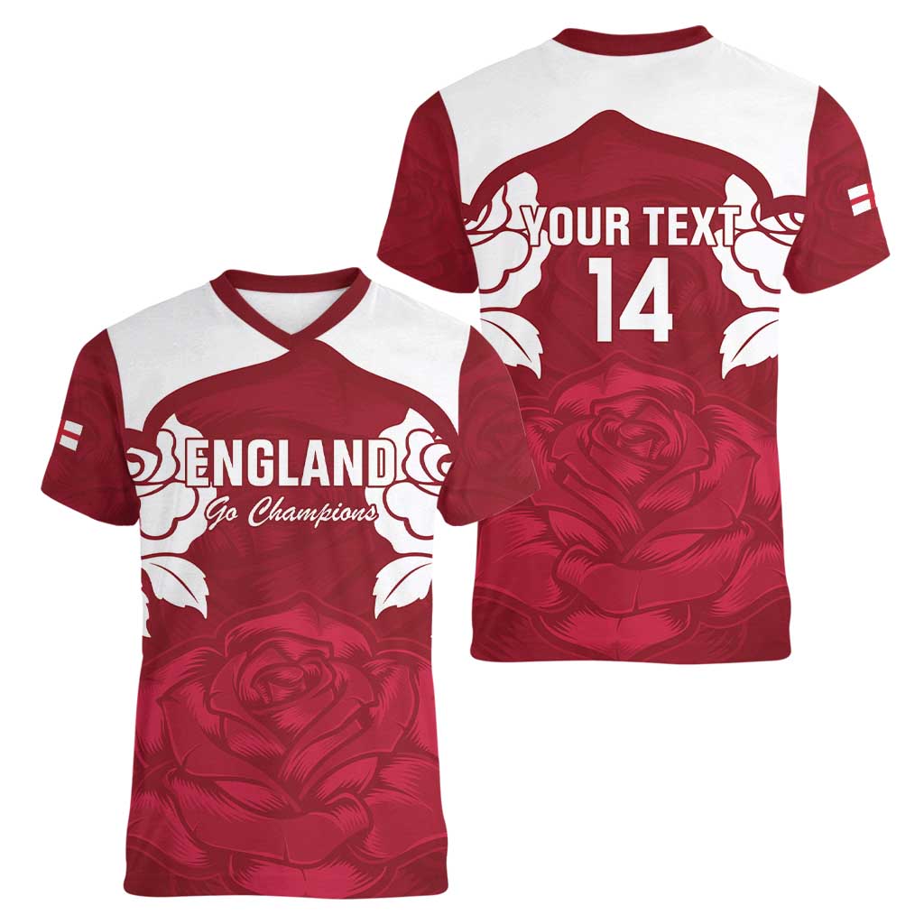 Custom England Rugby 2025 Women V-Neck T-Shirt Go Champions Red Rose - Wonder Print Shop