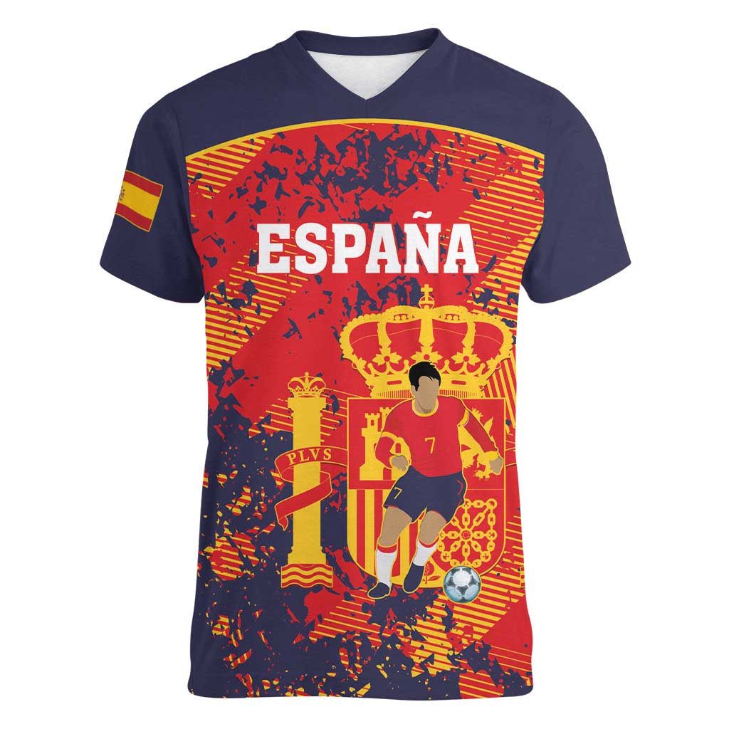 Spain 2026 Football Custom Women V-Neck T-Shirt Espana La Roja Grunge Style
