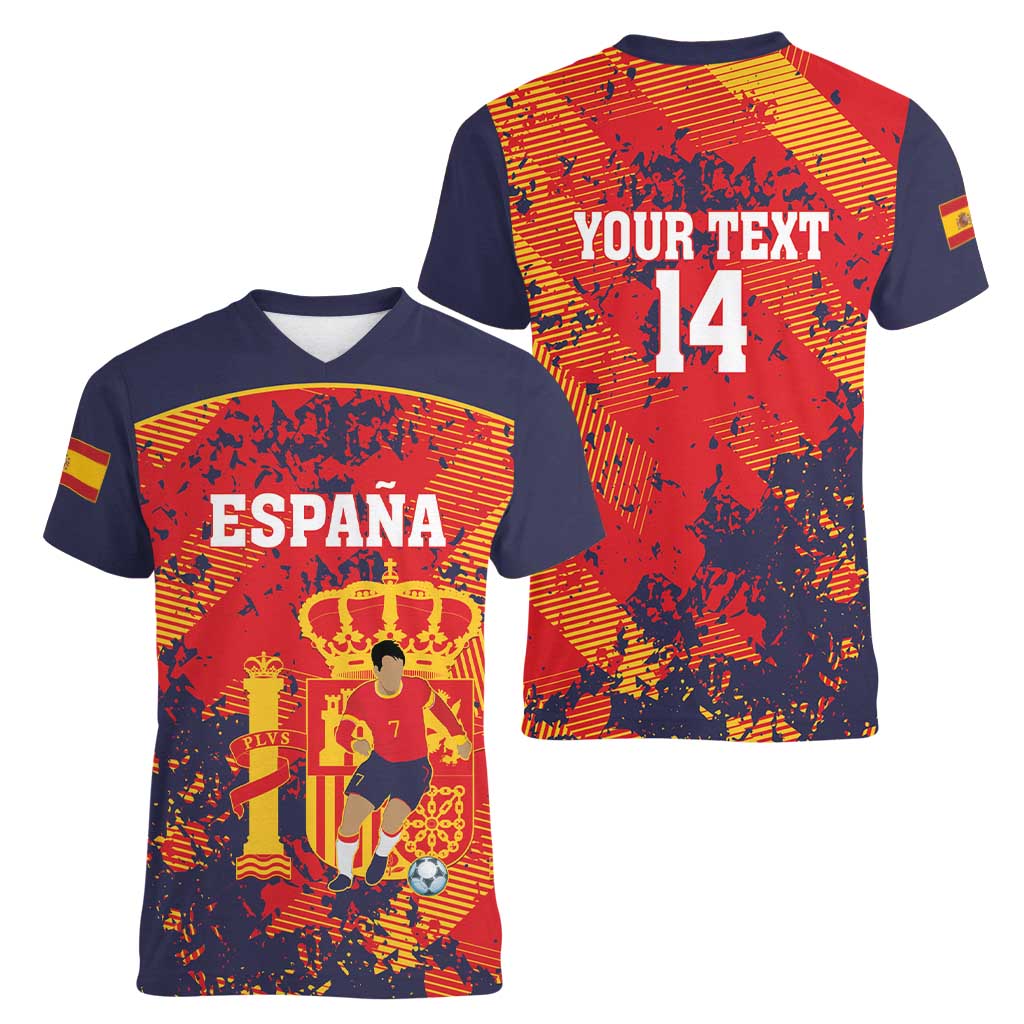 Spain 2026 Football Custom Women V-Neck T-Shirt Espana La Roja Grunge Style
