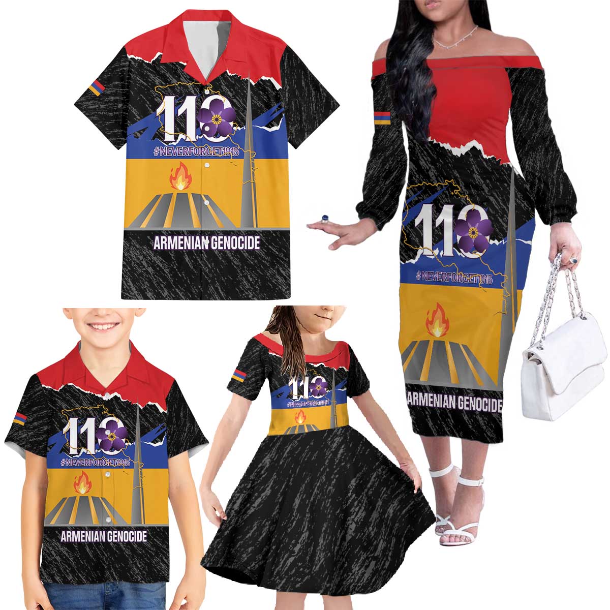 Armenian Genocide Remembrance Day Family Matching Off The Shoulder Long Sleeve Dress and Hawaiian Shirt Tsitsernakaberd 110th Anniversary Never Forget