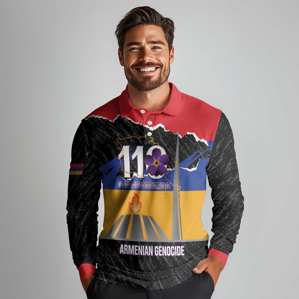 Armenian Genocide Remembrance Day Long Sleeve Polo Shirt Tsitsernakaberd 110th Anniversary Never Forget
