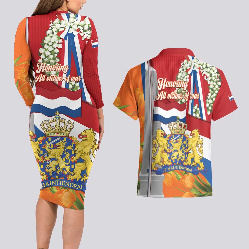 Netherlands Dodenherdenking Couples Matching Long Sleeve Bodycon Dress and Hawaiian Shirt Martyrs' Day Honoring All Victims Of War