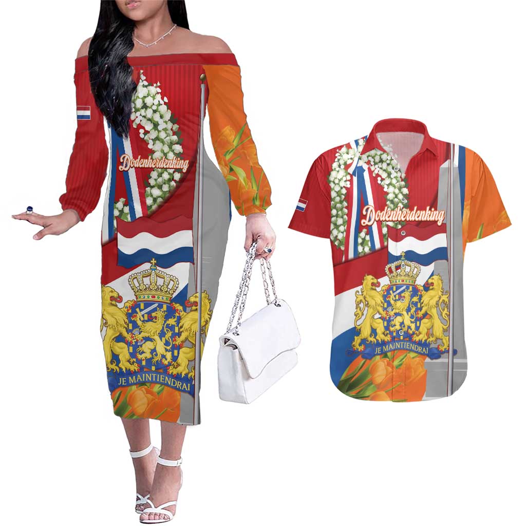 Netherlands Dodenherdenking Couples Matching Off The Shoulder Long Sleeve Dress and Hawaiian Shirt Martyrs' Day Honoring All Victims Of War
