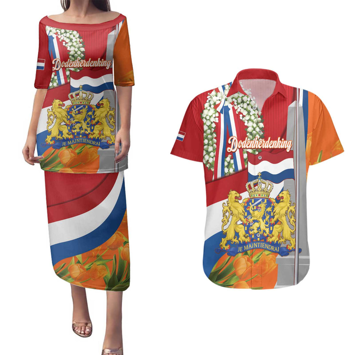 Netherlands Dodenherdenking Couples Matching Puletasi and Hawaiian Shirt Martyrs' Day Honoring All Victims Of War
