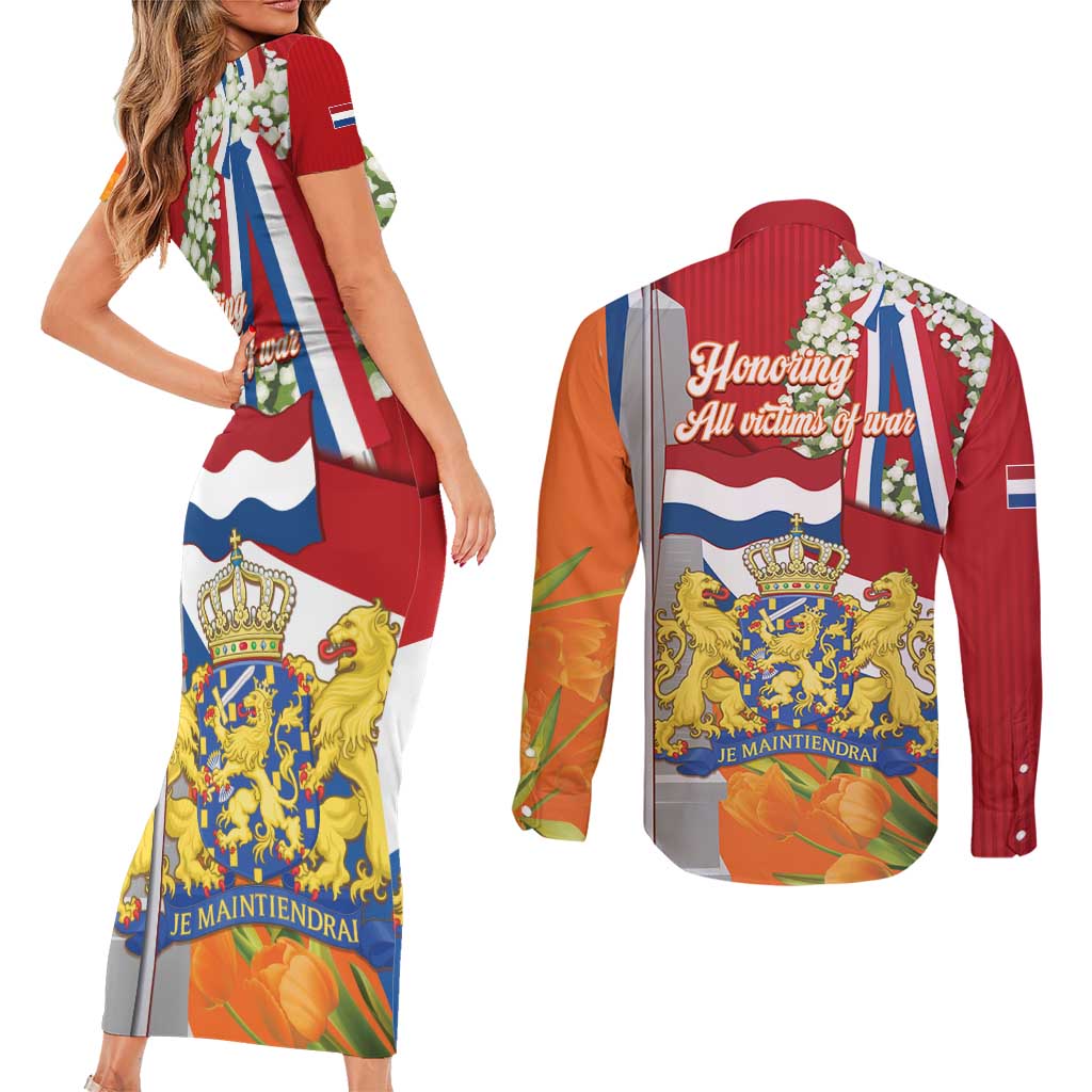 Netherlands Dodenherdenking Couples Matching Short Sleeve Bodycon Dress and Long Sleeve Button Shirt Martyrs' Day Honoring All Victims Of War