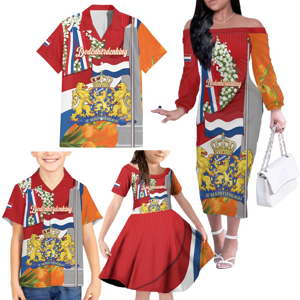 Netherlands Dodenherdenking Family Matching Off The Shoulder Long Sleeve Dress and Hawaiian Shirt Martyrs' Day Honoring All Victims Of War