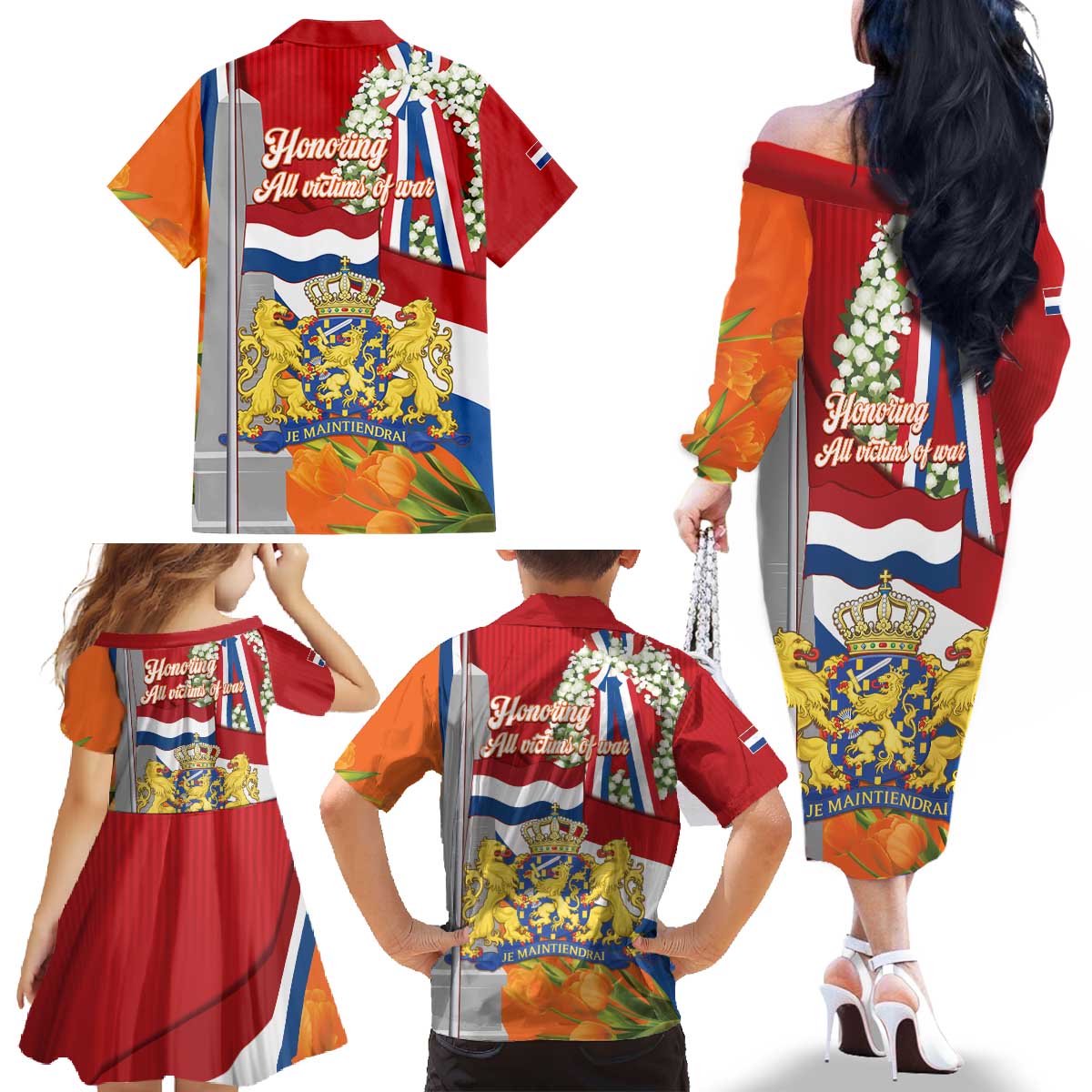 Netherlands Dodenherdenking Family Matching Off The Shoulder Long Sleeve Dress and Hawaiian Shirt Martyrs' Day Honoring All Victims Of War