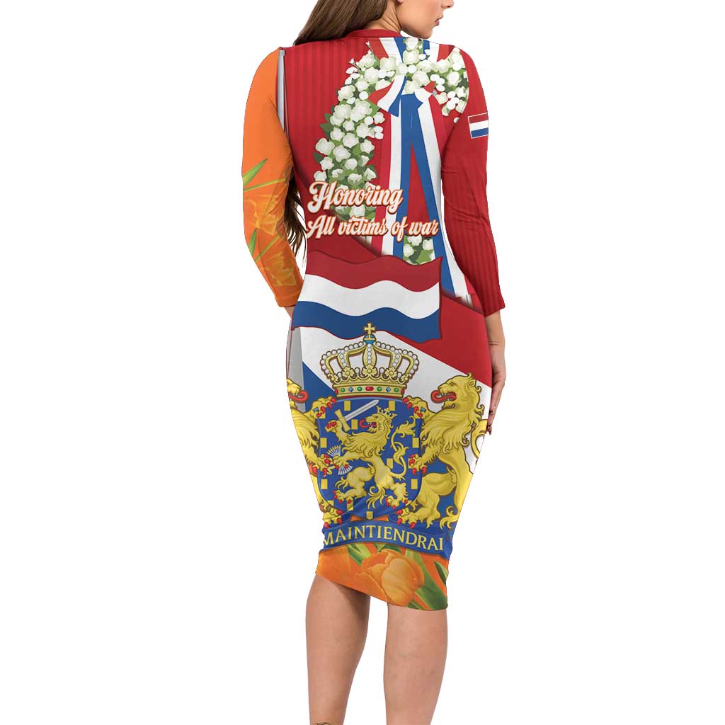 Netherlands Dodenherdenking Long Sleeve Bodycon Dress Martyrs' Day Honoring All Victims Of War