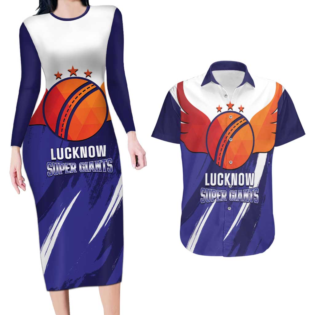 Custom Lucknow India Cricket Couples Matching Long Sleeve Bodycon Dress and Hawaiian Shirt Go Champions