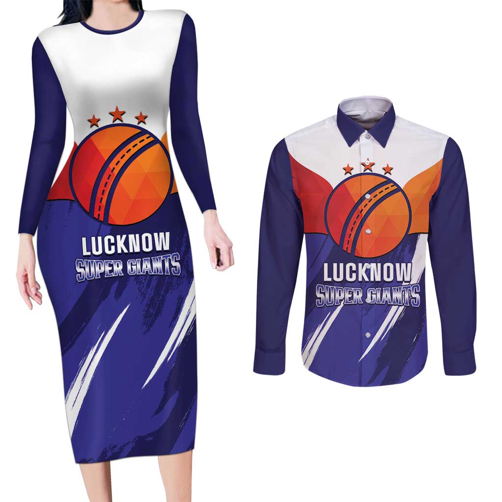 Custom Lucknow India Cricket Couples Matching Long Sleeve Bodycon Dress and Long Sleeve Button Shirt Go Champions