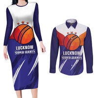 Custom Lucknow India Cricket Couples Matching Long Sleeve Bodycon Dress and Long Sleeve Button Shirt Go Champions