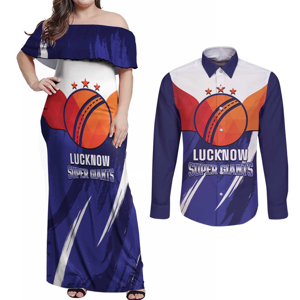 Custom Lucknow India Cricket Couples Matching Off Shoulder Maxi Dress and Long Sleeve Button Shirt Go Champions