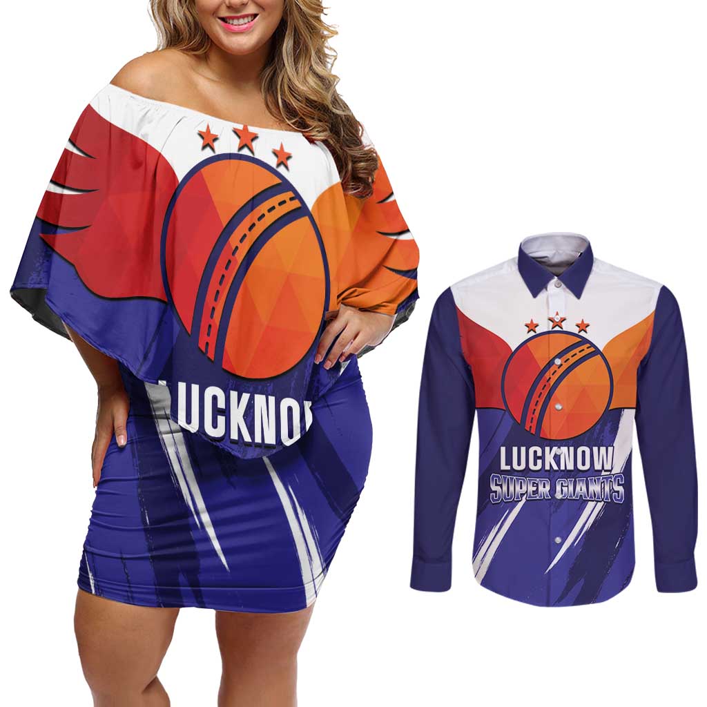 Custom Lucknow India Cricket Couples Matching Off Shoulder Short Dress and Long Sleeve Button Shirt Go Champions