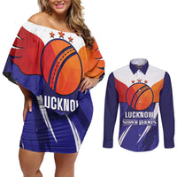 Custom Lucknow India Cricket Couples Matching Off Shoulder Short Dress and Long Sleeve Button Shirt Go Champions
