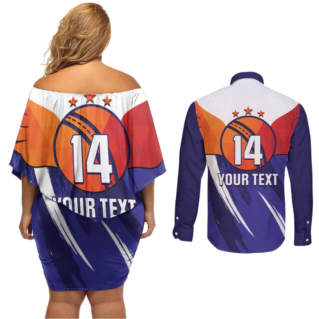 Custom Lucknow India Cricket Couples Matching Off Shoulder Short Dress and Long Sleeve Button Shirt Go Champions