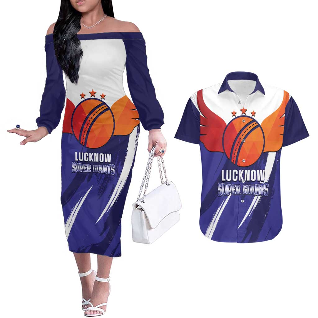 Custom Lucknow India Cricket Couples Matching Off The Shoulder Long Sleeve Dress and Hawaiian Shirt Go Champions