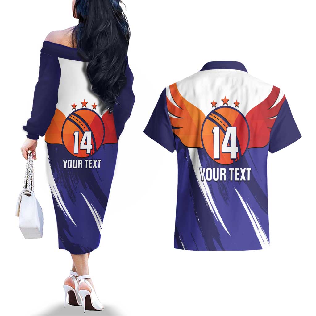 Custom Lucknow India Cricket Couples Matching Off The Shoulder Long Sleeve Dress and Hawaiian Shirt Go Champions