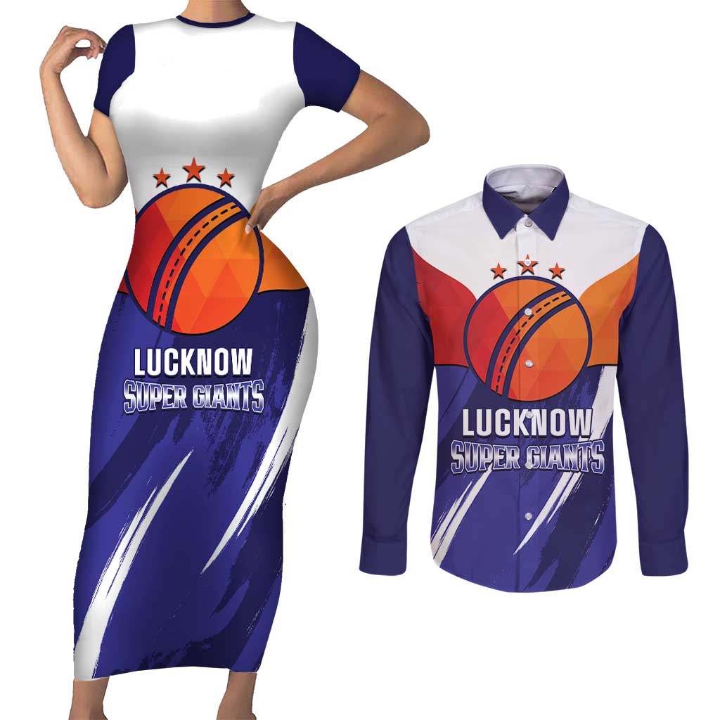 Custom Lucknow India Cricket Couples Matching Short Sleeve Bodycon Dress and Long Sleeve Button Shirt Go Champions