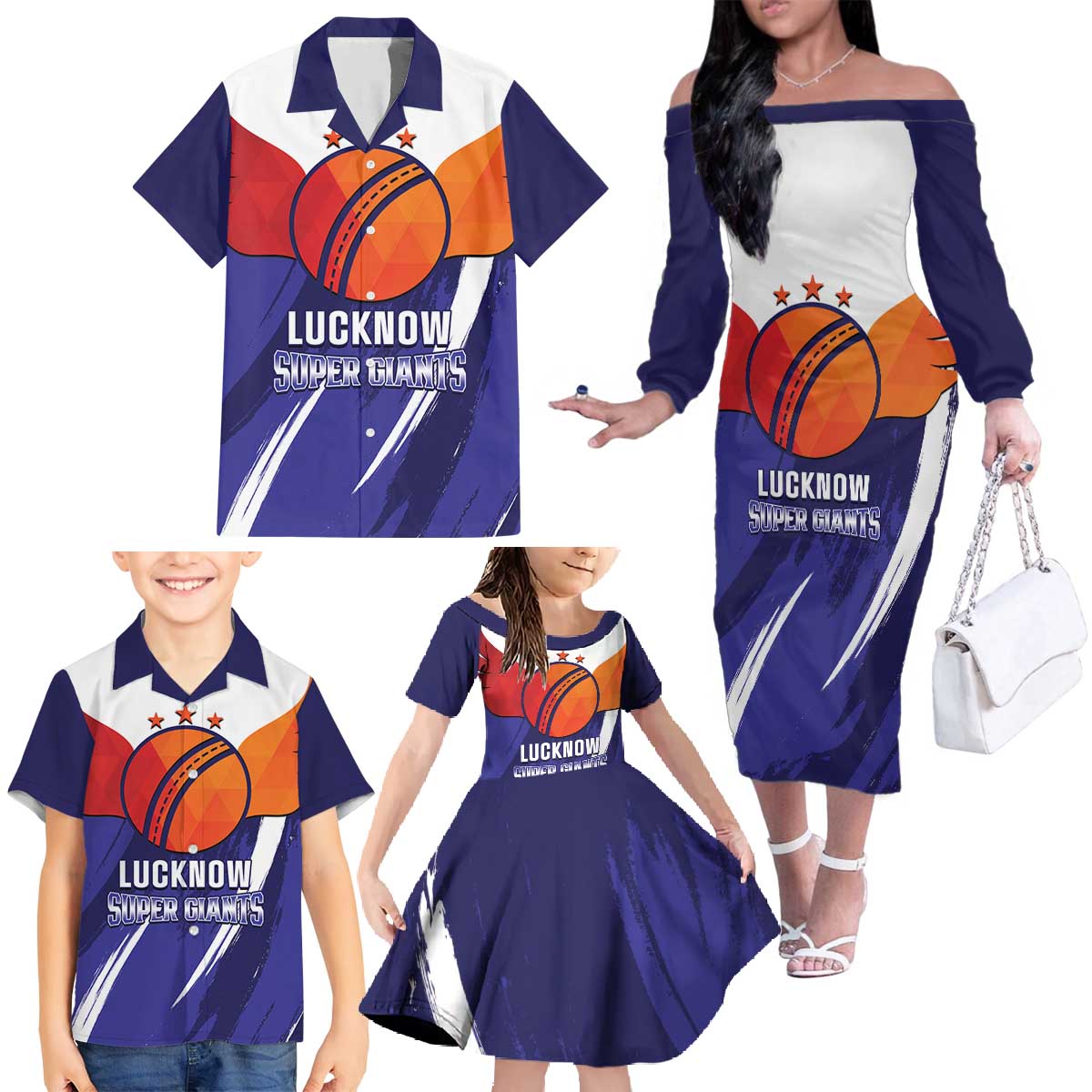Custom Lucknow India Cricket Family Matching Off The Shoulder Long Sleeve Dress and Hawaiian Shirt Go Champions