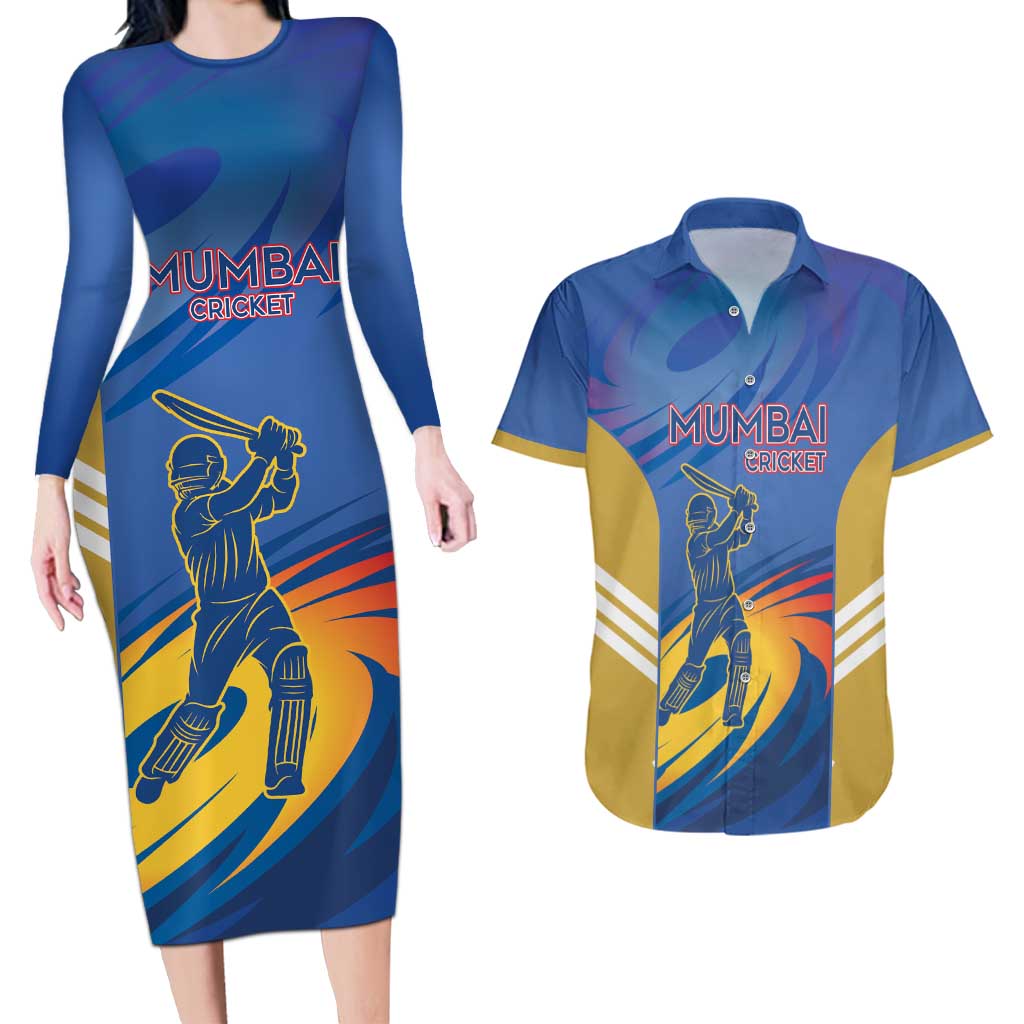 Custom Mumbai India Cricket Couples Matching Long Sleeve Bodycon Dress and Hawaiian Shirt Go Champions