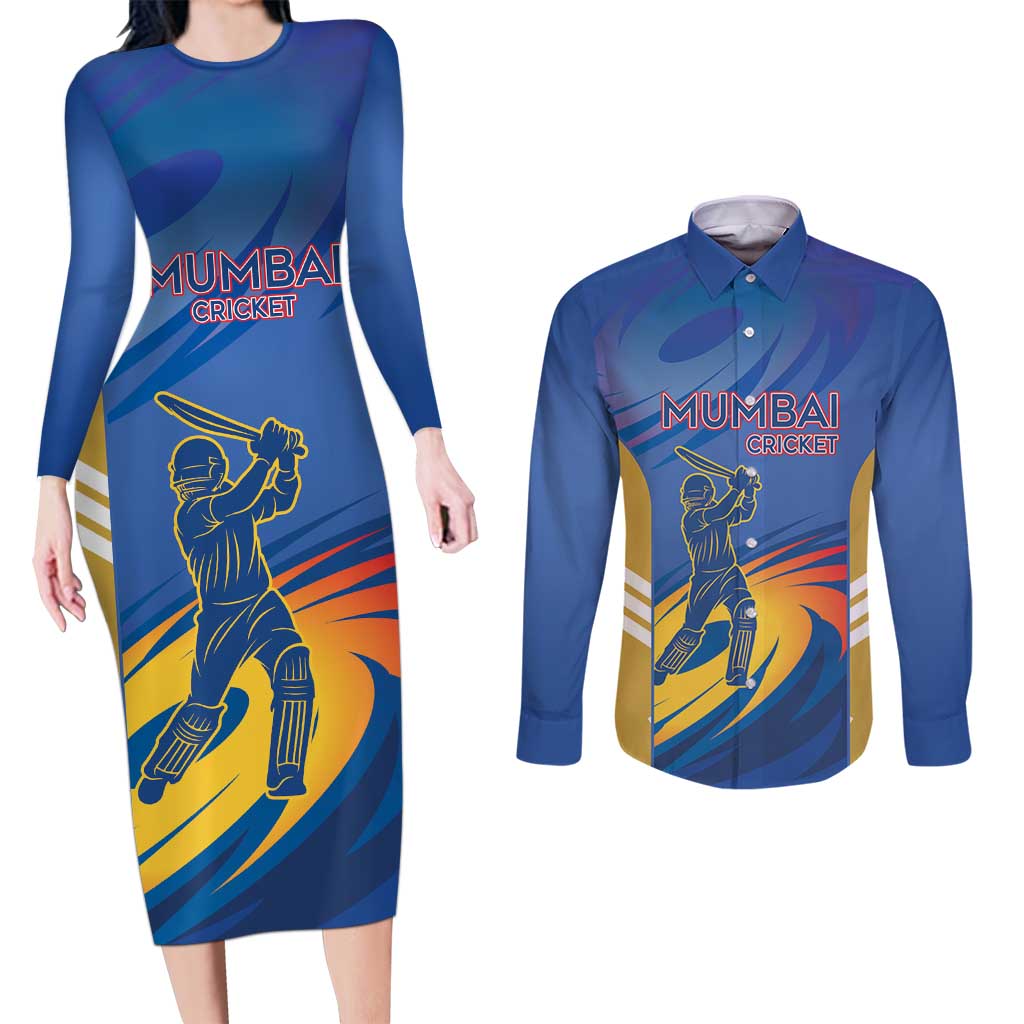 Custom Mumbai India Cricket Couples Matching Long Sleeve Bodycon Dress and Long Sleeve Button Shirt Go Champions