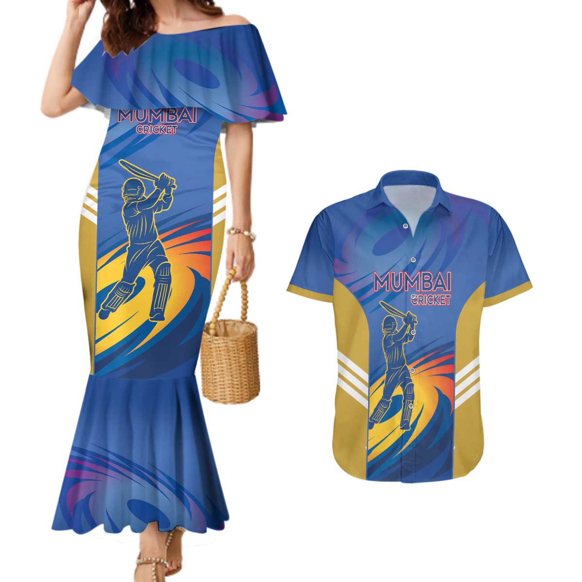 Custom Mumbai India Cricket Couples Matching Mermaid Dress and Hawaiian Shirt Go Champions