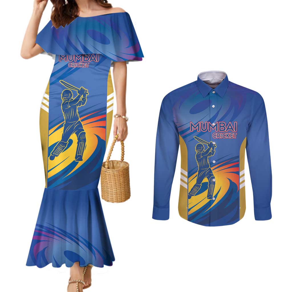 Custom Mumbai India Cricket Couples Matching Mermaid Dress and Long Sleeve Button Shirt Go Champions