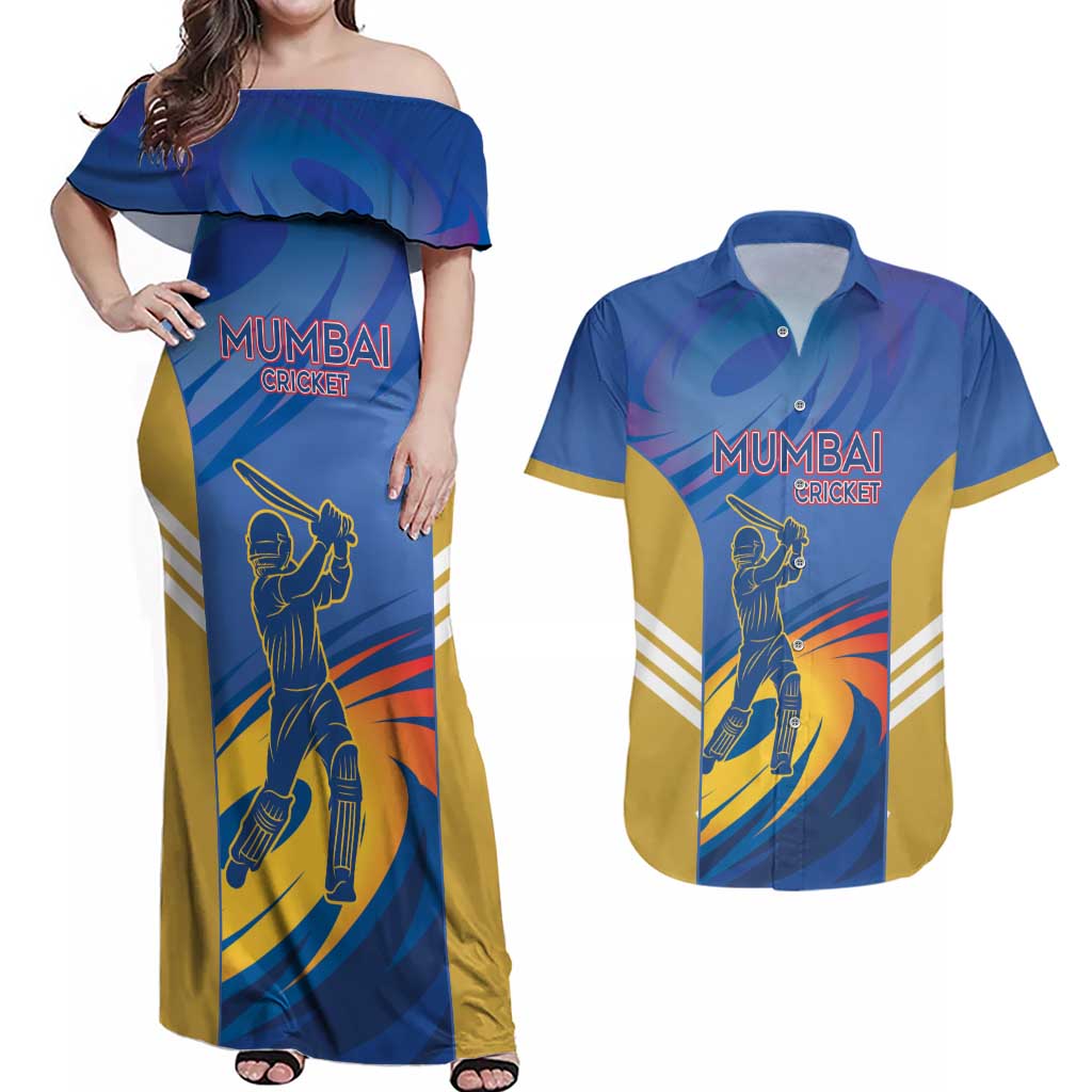 Custom Mumbai India Cricket Couples Matching Off Shoulder Maxi Dress and Hawaiian Shirt Go Champions