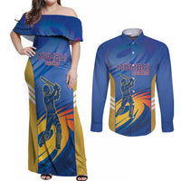 Custom Mumbai India Cricket Couples Matching Off Shoulder Maxi Dress and Long Sleeve Button Shirt Go Champions