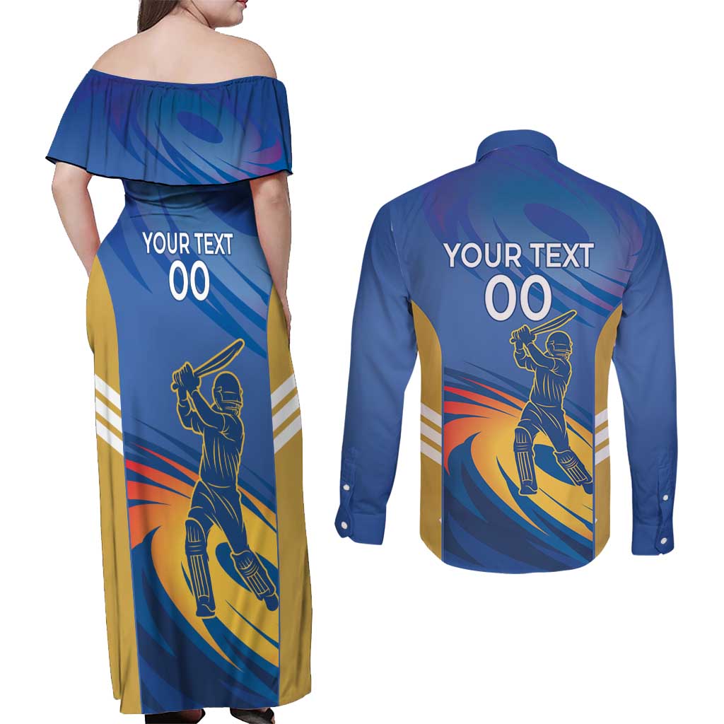 Custom Mumbai India Cricket Couples Matching Off Shoulder Maxi Dress and Long Sleeve Button Shirt Go Champions