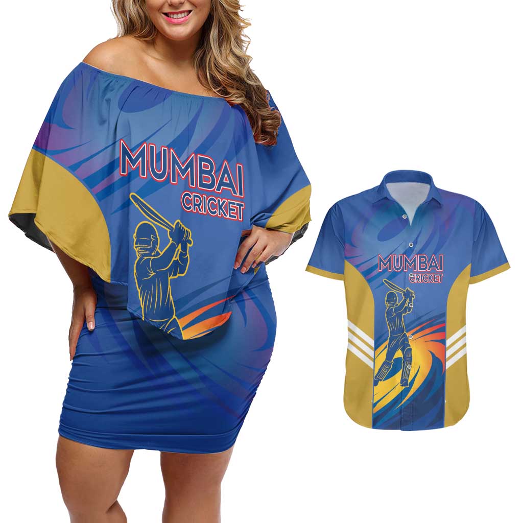 Custom Mumbai India Cricket Couples Matching Off Shoulder Short Dress and Hawaiian Shirt Go Champions