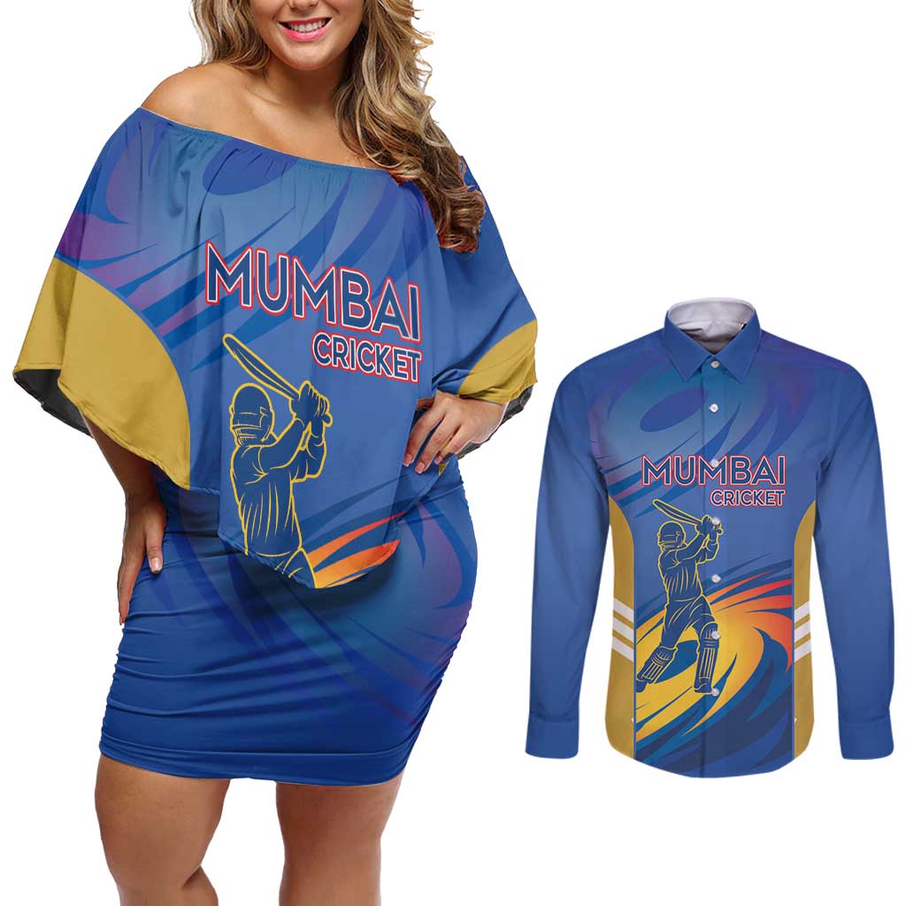 Custom Mumbai India Cricket Couples Matching Off Shoulder Short Dress and Long Sleeve Button Shirt Go Champions