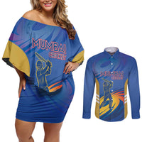 Custom Mumbai India Cricket Couples Matching Off Shoulder Short Dress and Long Sleeve Button Shirt Go Champions