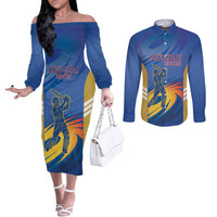 Custom Mumbai India Cricket Couples Matching Off The Shoulder Long Sleeve Dress and Long Sleeve Button Shirt Go Champions
