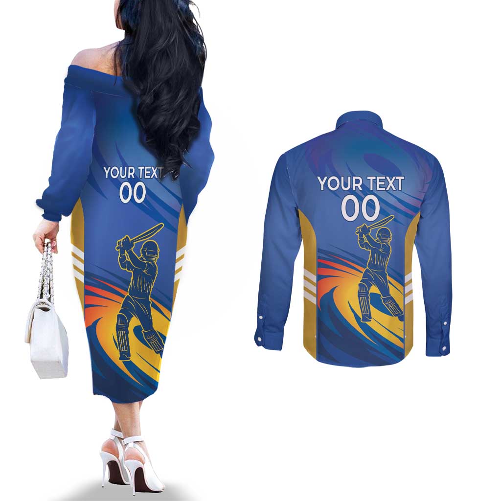 Custom Mumbai India Cricket Couples Matching Off The Shoulder Long Sleeve Dress and Long Sleeve Button Shirt Go Champions