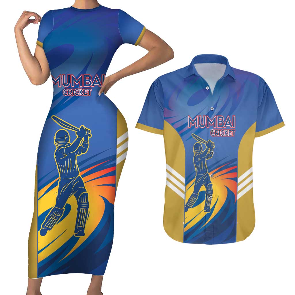Custom Mumbai India Cricket Couples Matching Short Sleeve Bodycon Dress and Hawaiian Shirt Go Champions