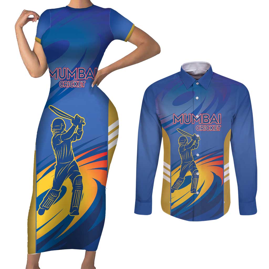 Custom Mumbai India Cricket Couples Matching Short Sleeve Bodycon Dress and Long Sleeve Button Shirt Go Champions